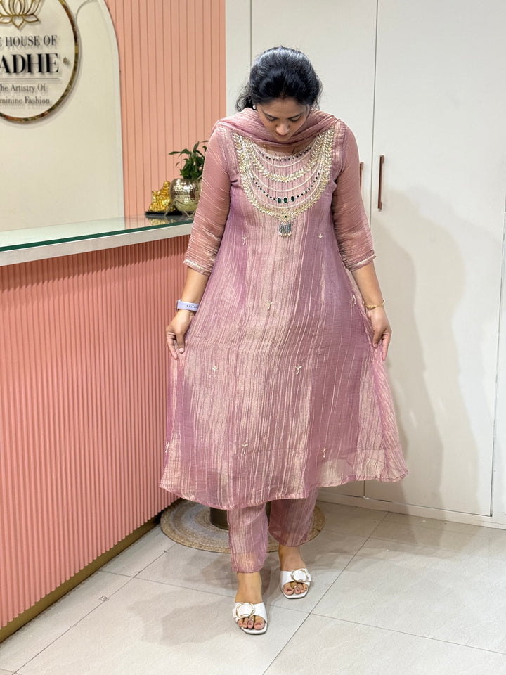 Shimmer Crush Tissue Fabric (salsa) with Jewellery-Style Neck Handwork 𝗦𝘂𝗶𝘁 𝗔𝗿𝗿𝗶𝘃𝗲𝗱 | R148