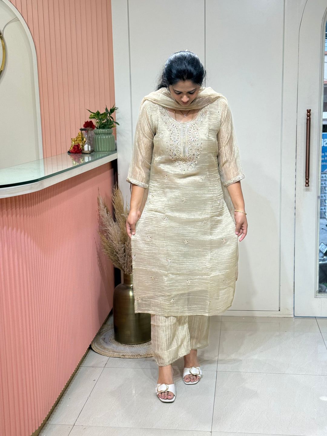 Premium Shimmer Crush Tissue Fabric with Handwork 𝗦𝘂𝗶𝘁 𝗔𝗿𝗿𝗶𝘃𝗲𝗱 ( Cotton Lining )| R228