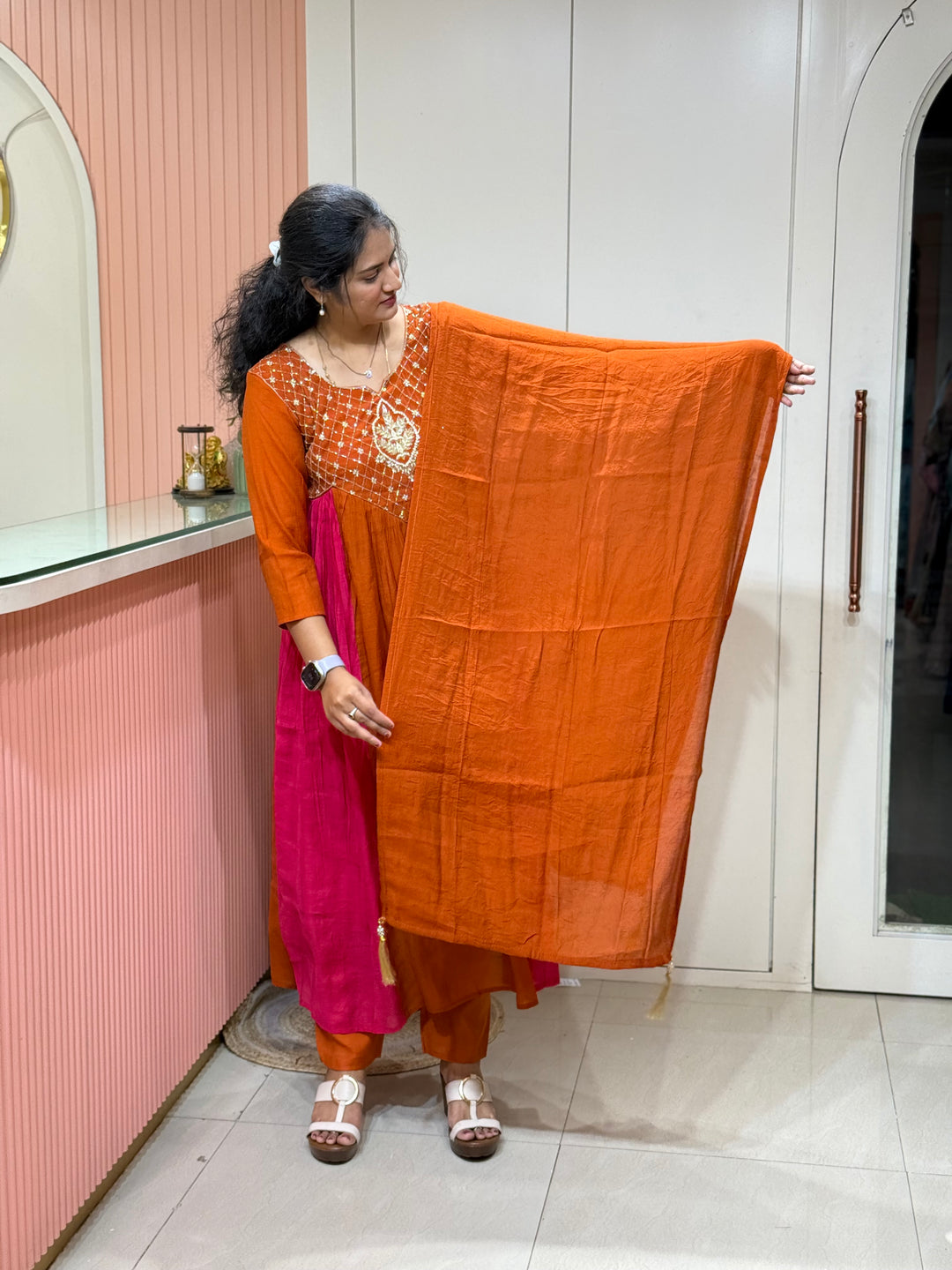 Coral Mul Chanderi with Cut Dana Work | R206