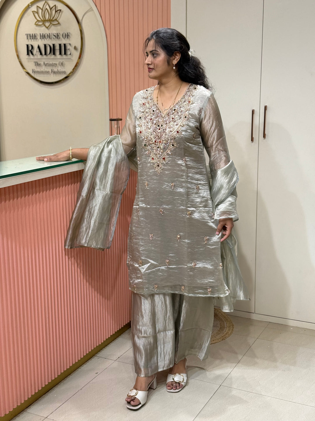 Premium Shimmer Crush Tissue 3pcs kurta set | R228