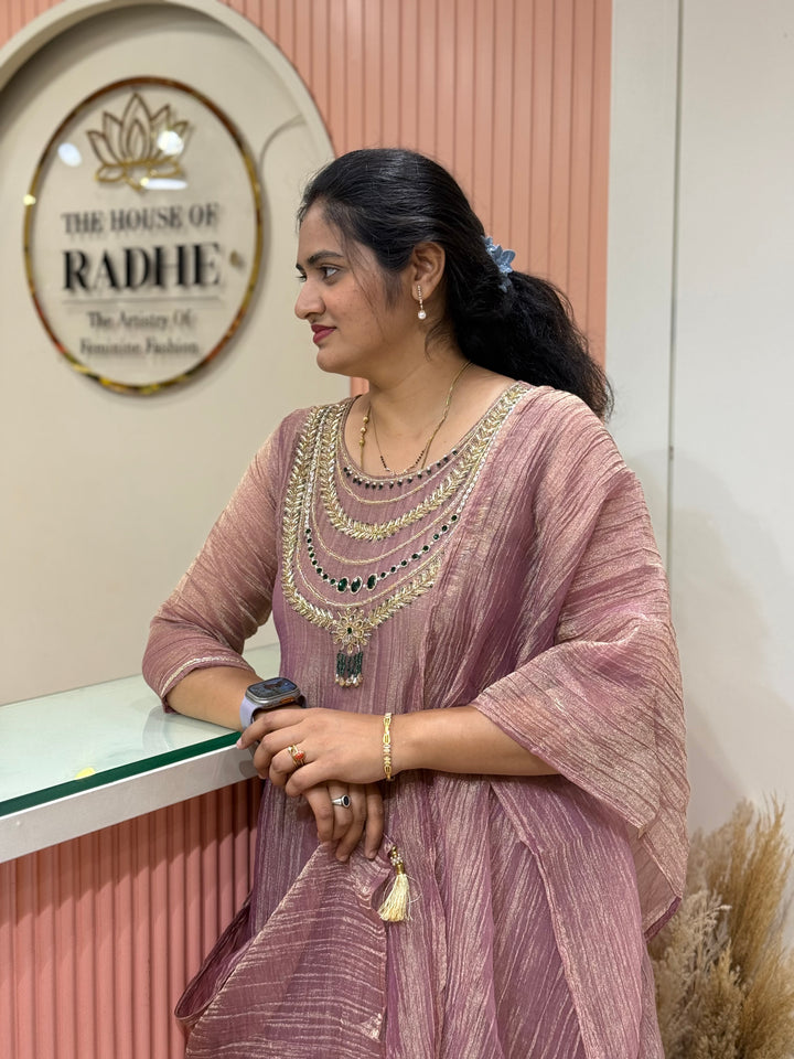 Shimmer Crush Tissue Fabric (salsa) with Jewellery-Style Neck Handwork 𝗦𝘂𝗶𝘁 𝗔𝗿𝗿𝗶𝘃𝗲𝗱 | R148
