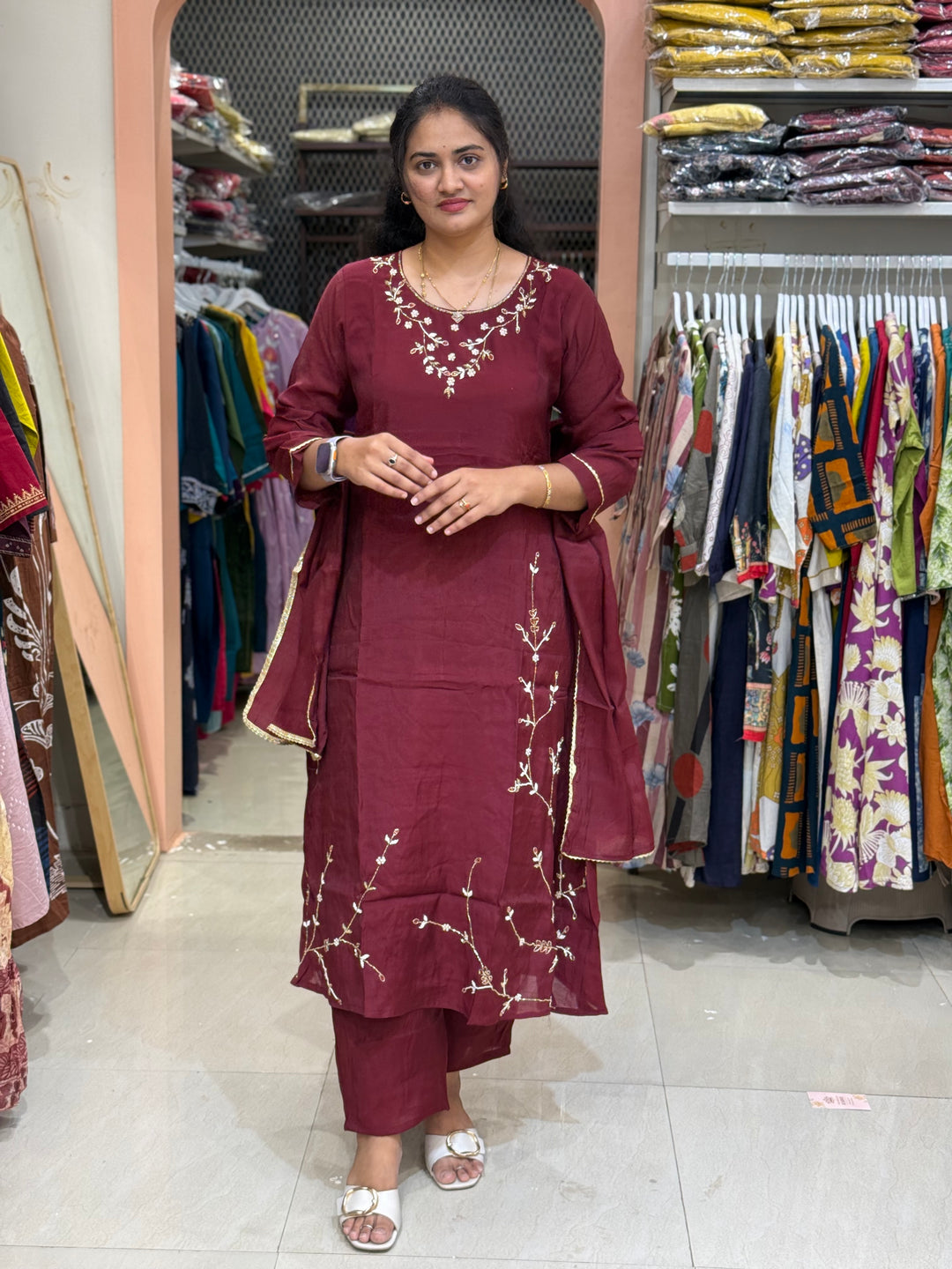 S Mul Chanderi 3 Pc Suit Collection Semi Party Wear| R138