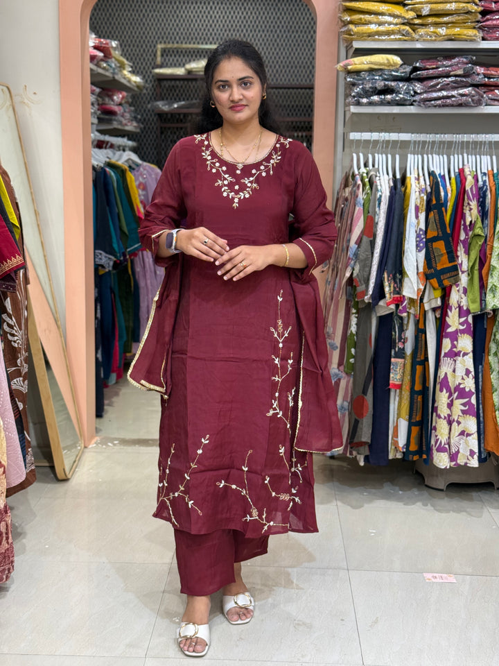 S Mul Chanderi 3 Pc Suit Collection Semi Party Wear| R138