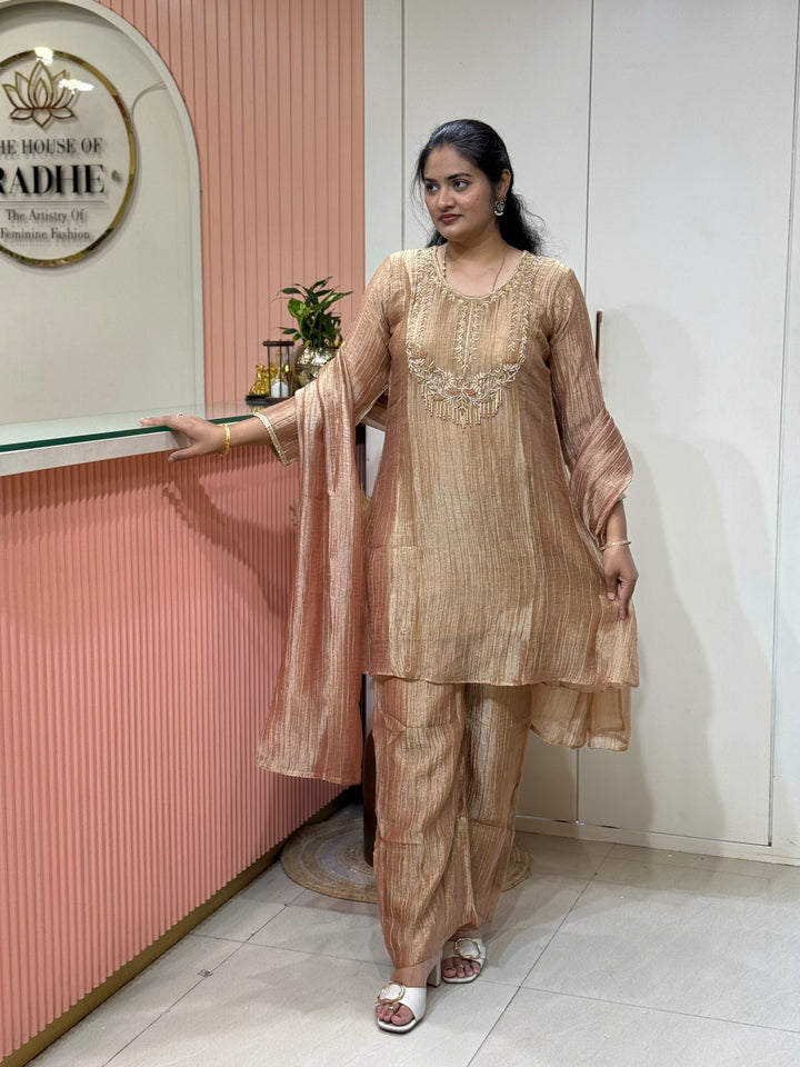 Premium Shimmer Crush Tissue Fabric (salsa) with Handwork 𝗦𝘂𝗶𝘁 𝗔𝗿𝗿𝗶𝘃𝗲𝗱 ( Cotton Lining )| R148