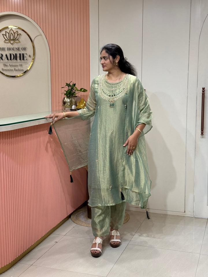 Shimmer Crush Tissue Fabric (salsa) with Jewellery-Style Neck Handwork 𝗦𝘂𝗶𝘁 𝗔𝗿𝗿𝗶𝘃𝗲𝗱 | R148