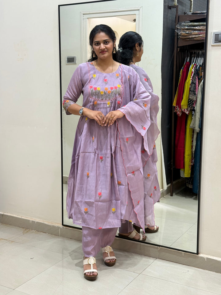 Mul Chanderi Embroidery Collection – Elegant Flare Pattern | R179