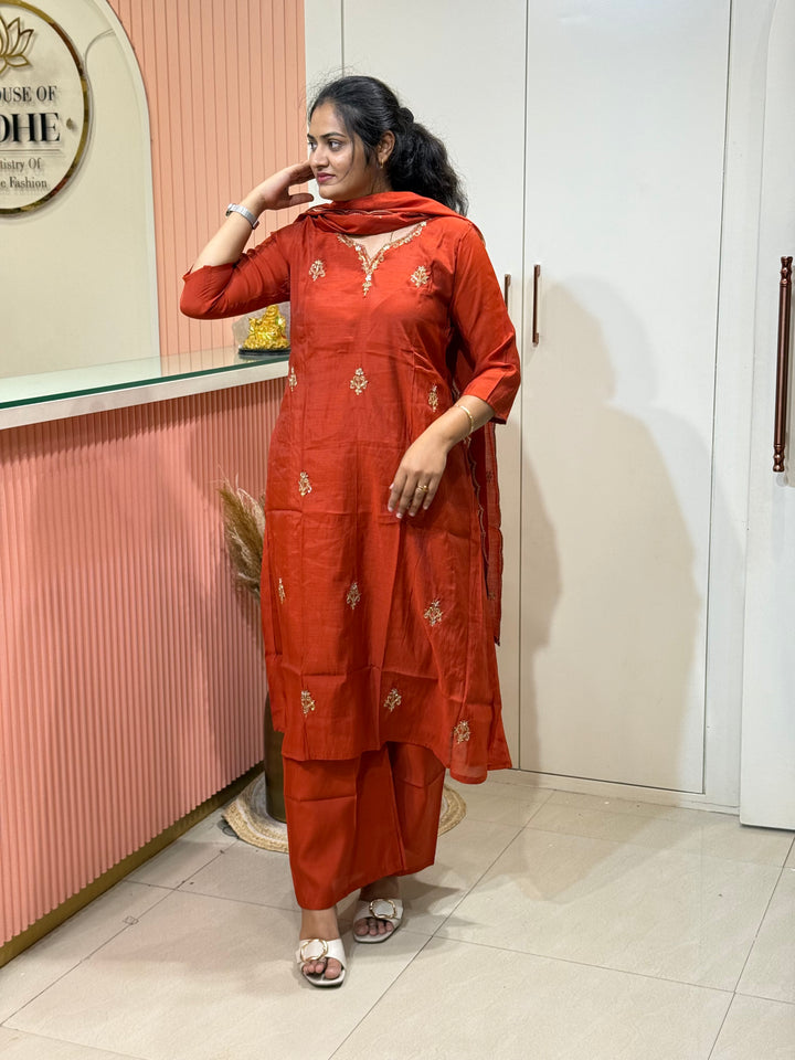 S Mul Chanderi 3 Pc Kurta Set | Semi Party Wear (New Arrivals )with Cotton Lining | R138