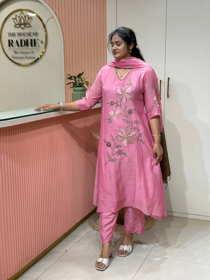 Pure Banarasi Mul Chanderi 3 Pcs Kurti set and Hand Embroidery work| R218