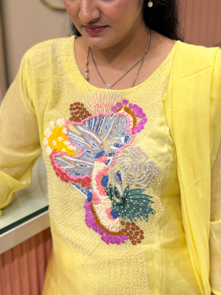 Pure Banarasi Mul Chanderi 3 Pcs Kurti set and Hand Embroidery work| R218