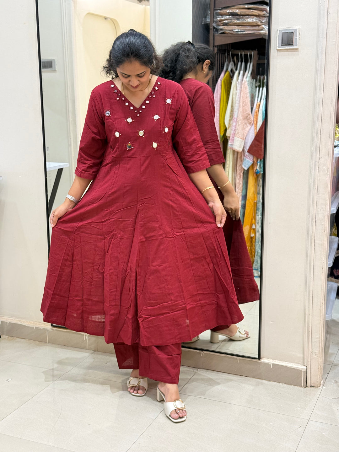 Pure Cotton Kali Pattern 2 Piece Set With Plazo Pant &amp; Real Mirror Work | R186