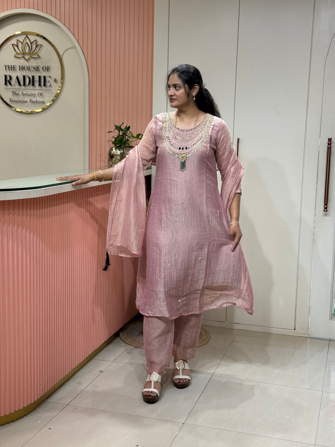 Shimmer Crush Tissue Fabric (salsa) with Jewellery-Style Neck Handwork 𝗦𝘂𝗶𝘁 𝗔𝗿𝗿𝗶𝘃𝗲𝗱 | R148
