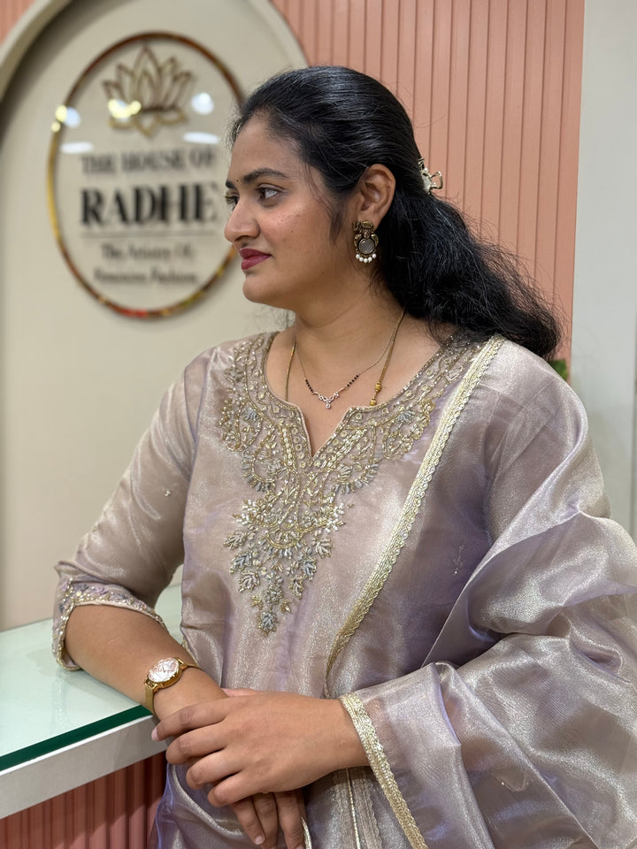 𝗣𝘂𝗿𝗲 𝗧𝗶𝘀𝘀𝘂𝗲 𝗦𝗵𝗶𝗺𝗺𝗲𝗿 𝗖𝗼𝗹𝗹𝗲𝗰𝘁𝗶𝗼𝗻 𝗔𝗿𝗿𝗶𝘃𝗲𝗱 with flare Plazo( Hand Work)| R148