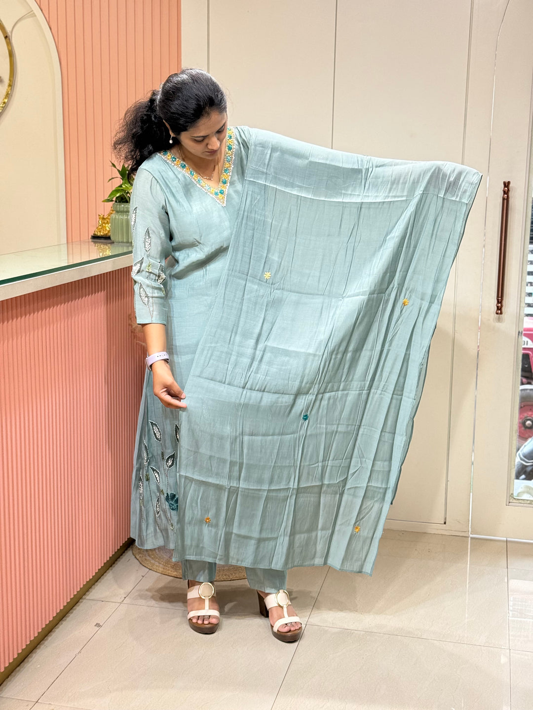 Mul Chanderi Collection with Hand Brush paint and Embroidery work (Cotton Lining) | R206