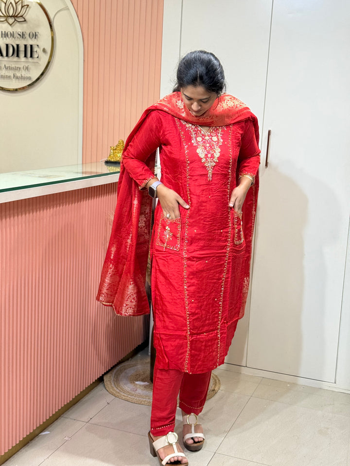Premium Dola Silk 3 Pc Sets – Handwork Collection | R141