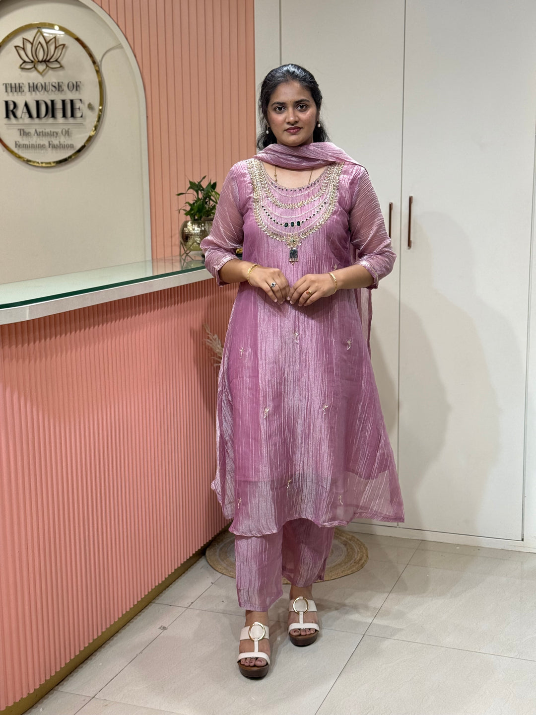 Shimmer Crush Tissue Fabric (salsa) with Jewellery-Style Neck Handwork 𝗦𝘂𝗶𝘁 𝗔𝗿𝗿𝗶𝘃𝗲𝗱 | R148