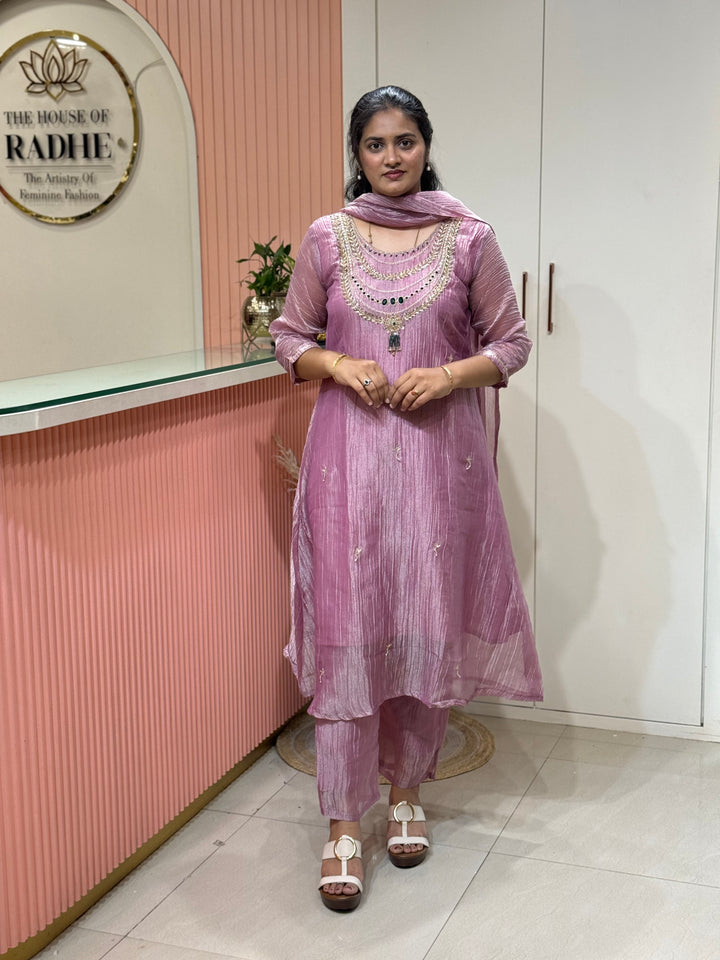 Shimmer Crush Tissue Fabric (salsa) with Jewellery-Style Neck Handwork 𝗦𝘂𝗶𝘁 𝗔𝗿𝗿𝗶𝘃𝗲𝗱 | R148