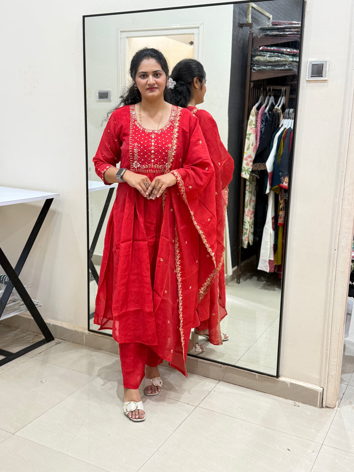 S Mul Chanderi 3 pcs Kurta Semi Party Wear(New Arrivals)| R202