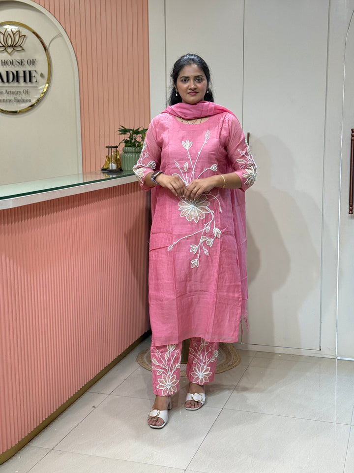 Pure Banarasi Mul Chanderi 3 Pcs Kurti set and Hand Embroidery work| R218