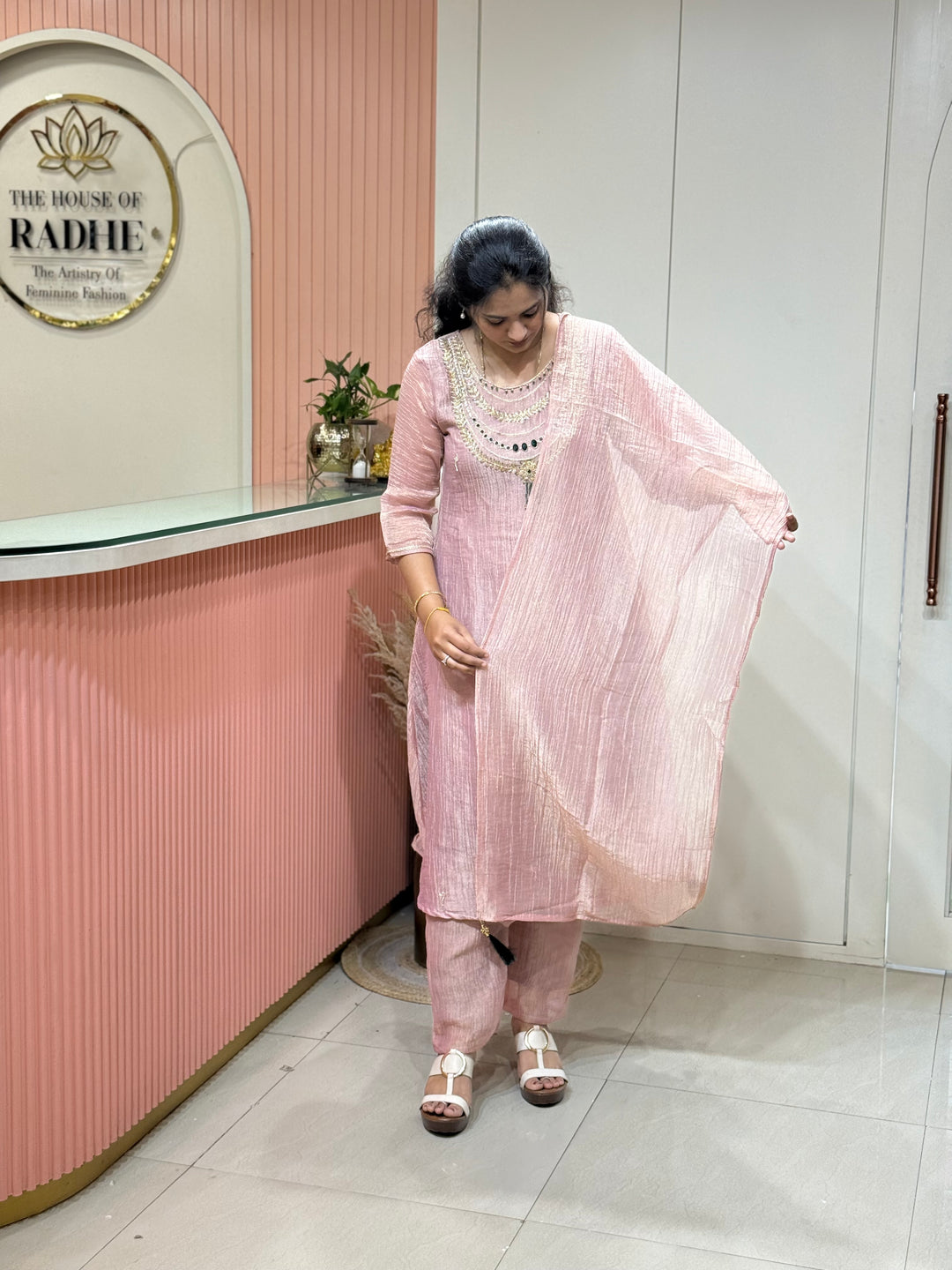 Shimmer Crush Tissue Fabric (salsa) with Jewellery-Style Neck Handwork 𝗦𝘂𝗶𝘁 𝗔𝗿𝗿𝗶𝘃𝗲𝗱 | R148