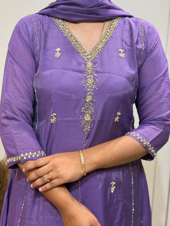 S Mul Chanderi 3 Pc Kurta Set | Semi Party Wear (Restock )| R138