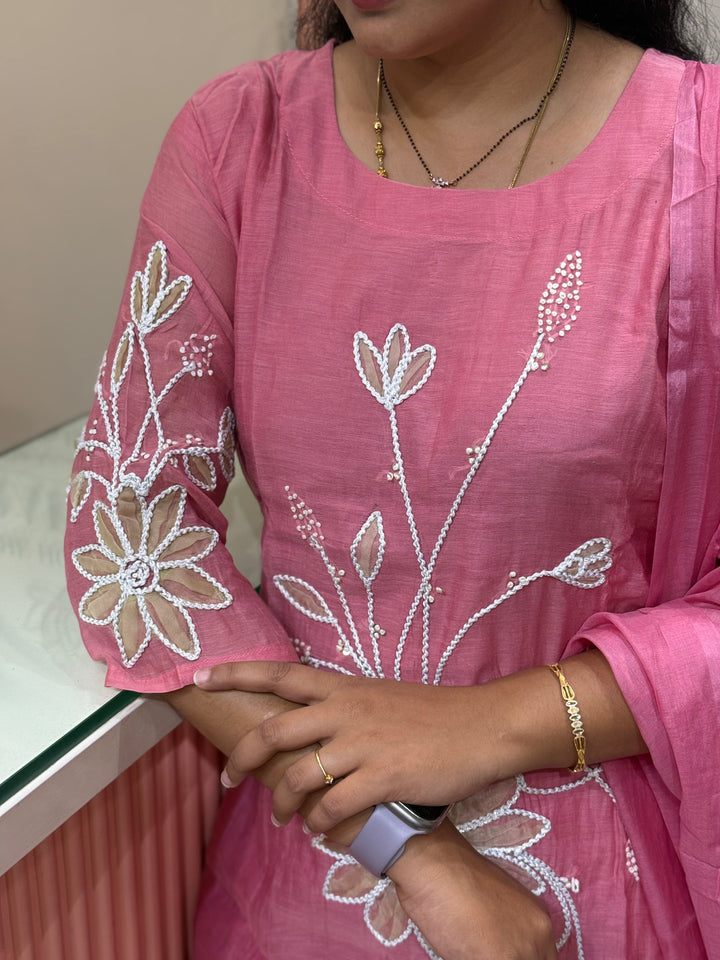Pure Banarasi Mul Chanderi 3 Pcs Kurti set and Hand Embroidery work| R218