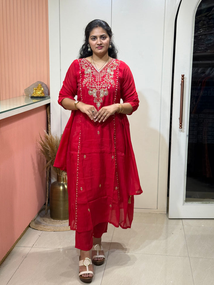 S Mul Chanderi 3 Pc Kurta Set | Semi Party Wear (New Arrivals )| R116