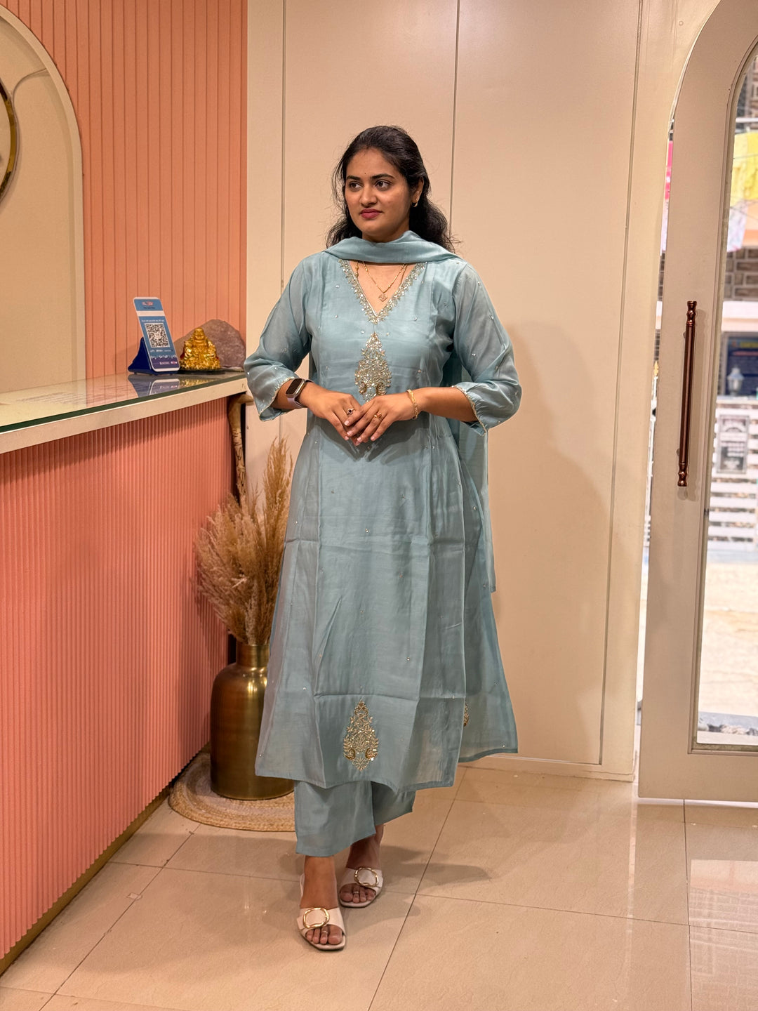 Mul Chanderi Silk 3 Pc Kurta Set | Party Wear| R138
