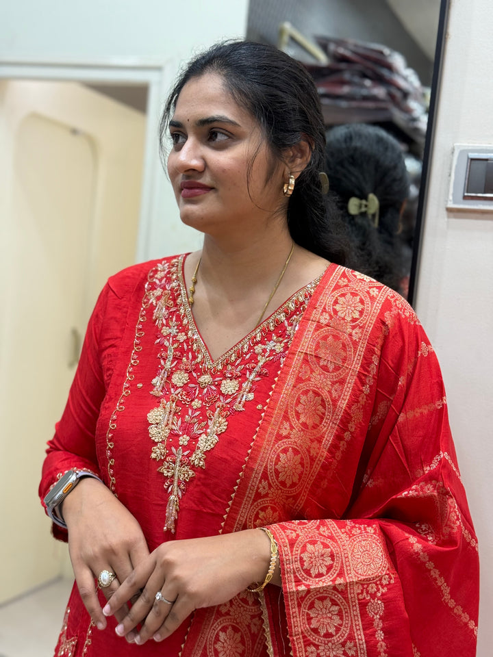 Premium Dola Silk 3 Pc Sets – Handwork Collection | R141