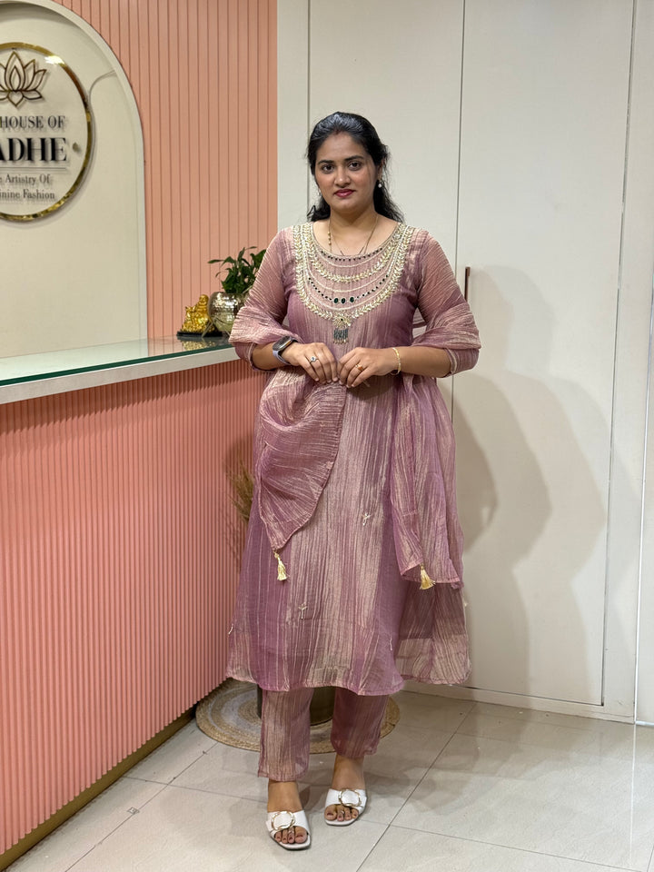 Shimmer Crush Tissue Fabric (salsa) with Jewellery-Style Neck Handwork 𝗦𝘂𝗶𝘁 𝗔𝗿𝗿𝗶𝘃𝗲𝗱 | R148