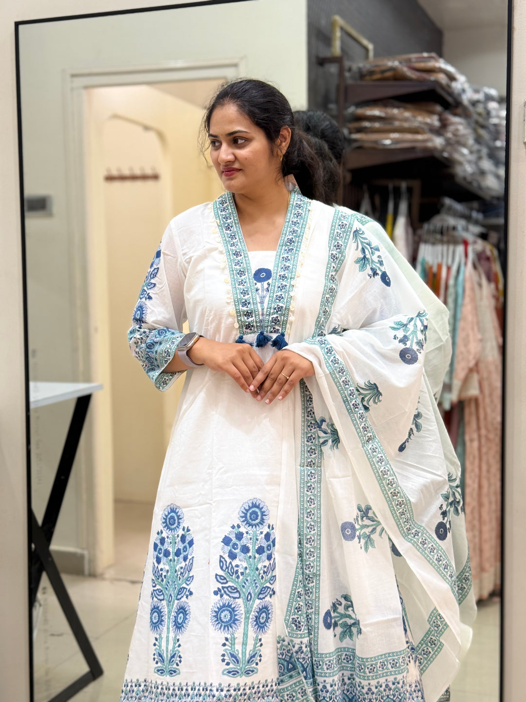 Premium Floral Print A-Line Cotton Set In White | R188