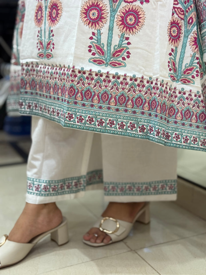 Premium Floral Print A-Line Cotton Set In White | R188
