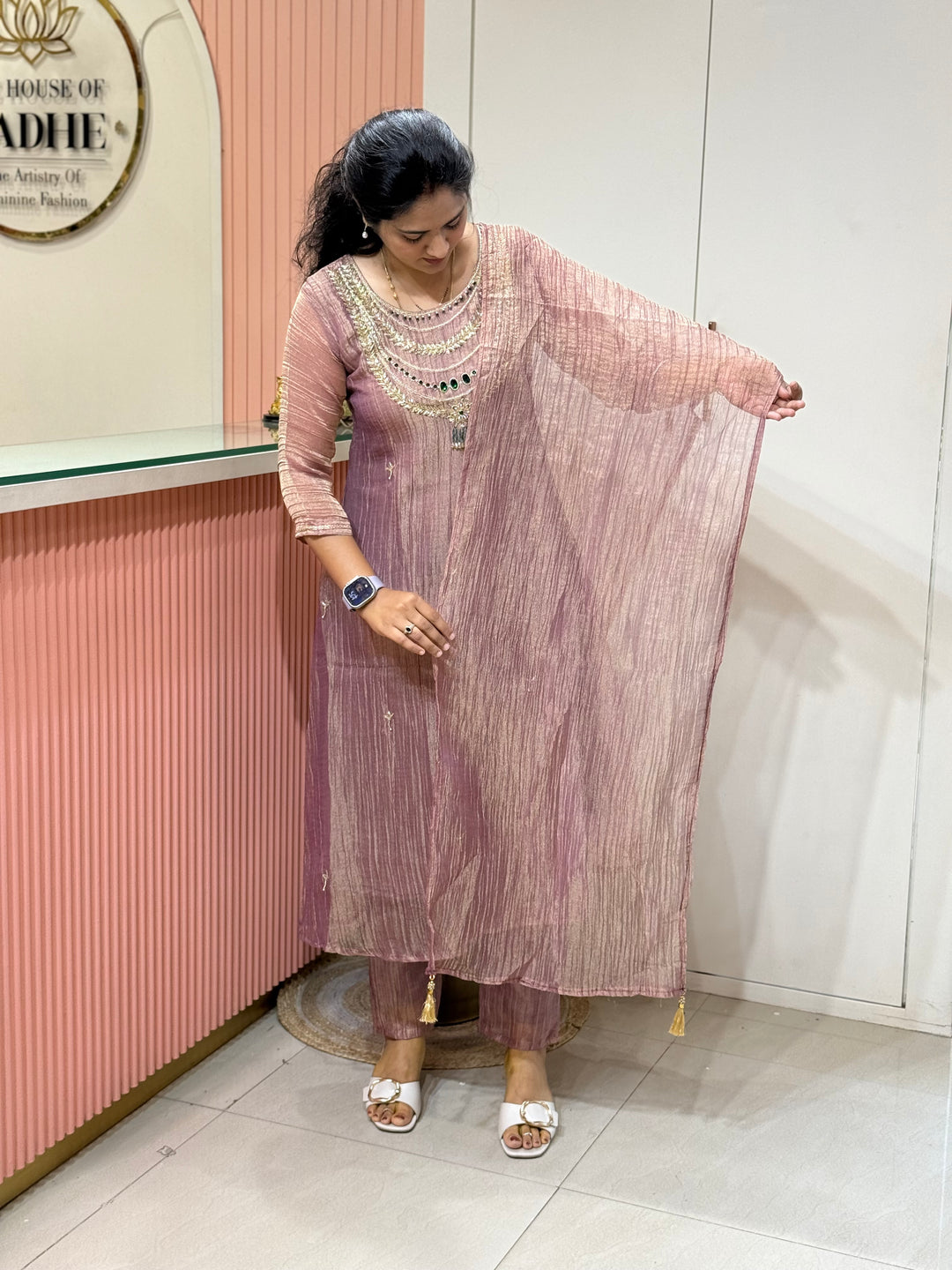 Shimmer Crush Tissue Fabric (salsa) with Jewellery-Style Neck Handwork 𝗦𝘂𝗶𝘁 𝗔𝗿𝗿𝗶𝘃𝗲𝗱 | R148